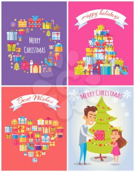 Happy birthday and merry Christmas, best wishes, gifts with bows, candles and candies, snowman and tree icons, isolated on vector illustration