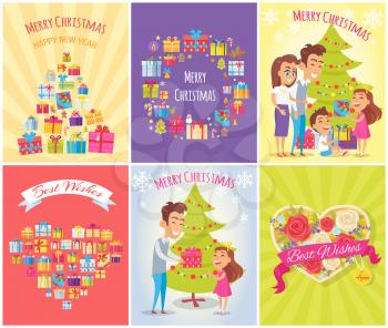 Happy New Year and merry Christmas, best wishes, posters with composition made up of headlines and family with presents, vector illustration