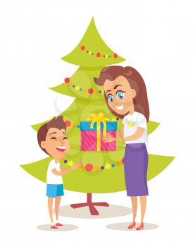 Parent giving present to son icon isolated on white background. Vector illustration with mother and child near to decorated green bright spruce