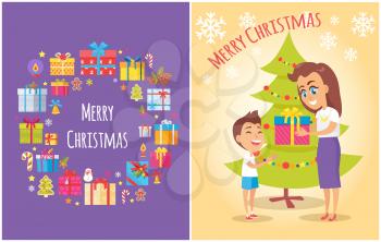 Merry Christmas poster with present boxes and New Year symbols tree, candy stick, golden bell and mother giving present to son vector illustration set