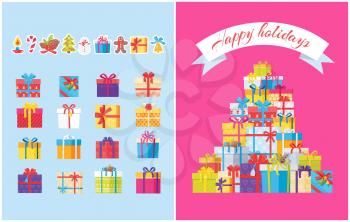 Happy Holidays posters with pile of gift boxes, symbols of Xmas holidays, icons of burning candle, candy stick, pine cones, Christmas tree vector