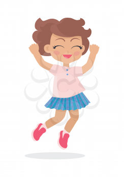 Girl with short brown wavy hair jumping with closed eyes. Nice female person in pink t-shirt, blue skirt and sneackers. Pink flush on face. Simple cartoon style. Happy childhood. Flat design. Vector