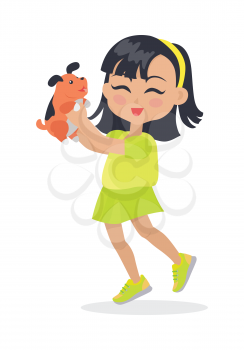 Smiling girl with black bob haircut with adorable pet. Dark forelock. Nice female person with toy dog. Closed eyes. Simple cartoon style. Happy childhood. Front view. Flat design. Vector illustration