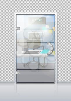 Office workplace through sliding glass door view flat vector. Entrance to the cabinet with table, laptop and chair. Modern office interior with transparent wall illustration for business concepts