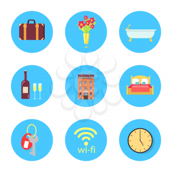 Old-fashioned suitcase, flower in vase, ceramic bath, wine bottle, brick building, soft bed, room key, wifi icon and round clock vector illustrations.