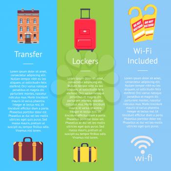 Transfer service, lockers on bags, wi-fi set of hotel posters. Vector illustration of brick building, classic and roller suitcases, wifi sign and door knob hangers