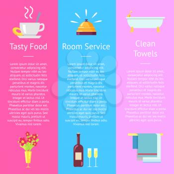 Tasty food, room service and clean towel set of posters. Vector illustration of hot drink, reception bell, bathtub icon, bouquet of flowers and wine