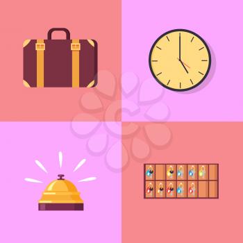 Old-fashioned briefcase with belt, round mechanic wall clock, gold bell and wooden shelf for room keys isolated vector illustrations.