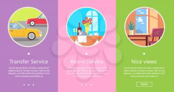Transfer and room service, nice view titles, text sample as additional information, icons of car, table served with food vector illustration