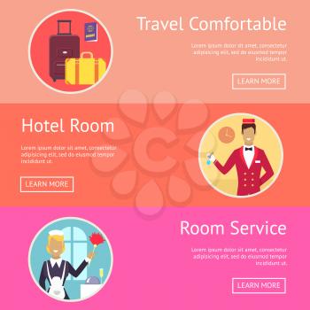 Travel comfortable, hotel room and room service demonstration with icons of baggage and hotel staff. Vector illustration developed for web page design