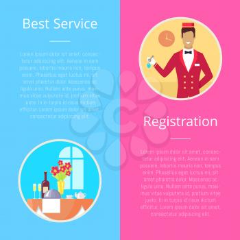 Registration and best service visualization with neat served with champagne and dish table and bellman holding a key. Vector illustration composed of two parts