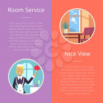 Room service and nice view visualization with housekeeper with cleaning stuff and clean neat hotel room. Vector illustration composed of two parts