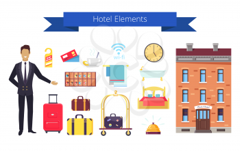 Hotel elements written on ribbon, image representing administrator and icons of clock and keys, bed and bath, food and towel vector illustration