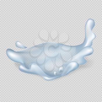Realistic 3D clear water splash with small shiny drops that fly apart isolated vector illustration on transparent background.