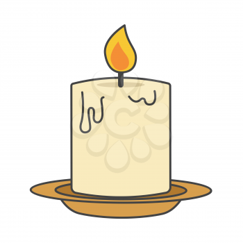 Burning candle on beige plate flat style close-up icon isolated on white. Melting candlelight glowing yellow and orange flame. Vector illustration hand drawn pattern in cartoon style for web.