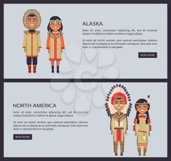 Alaska and north america, set of designed web-pages for internet site with pictures, sample text and title and buttons vector illustration