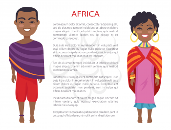 Africa people that represent customs and traditions of their homeland, man and woman on vector international day poster with text, native africans