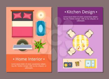 Home interior and kitchen design web pages with text sample and icons of bed and tv set, chairs and table with plates on it vector illustration