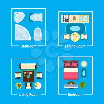 Apartment plan with furniture divided due to sections bathroom, dining room, living room and bedroom vector illustration of flat isolated on blue