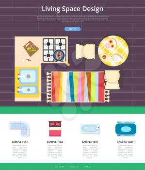 Living space design web page, representing sample of kitchen decor, icons of cooker and table, sinks and chairs, bathtub and bed vector illustration