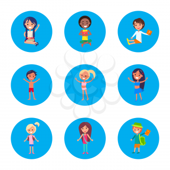 Small students portraits in blue buttons avatar userpics isolated on white vector illustration in graphic design. Happy pupils ready for studying.