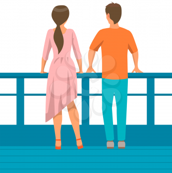 Young people in casual clothes back view. Couple man and woman on walk on embankment. Characters stand near fence looking into the distance. Pair or friends on meeting or date outdoors together
