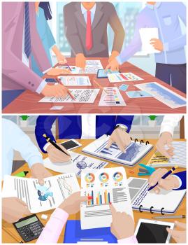 Business meeting in office. Hands write, work and point fingers at documents, pie chart and tablet. Businessman signs documents near table with clips, paper, felt-tip pen, calculator and pencil