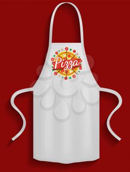 Aprons with pizzeria logos. Clothes for work in kitchen, protective element of clothing for cooking. Apron for cooking in kitchen and protection of clothes. Preparing pizza in restaurant