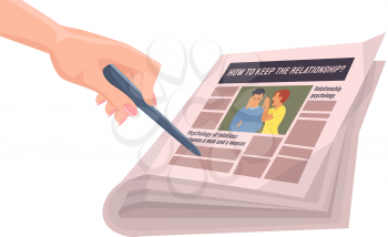 Woman hand with pen points to paper publication with fresh news. Publishing article, newspaper about psychology isolated on white background. Newspaper with news how to keep relationship headline