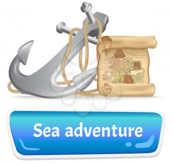 Exciting sea adventures and tourism poster. Marine cruise and sea travelling advertising placard with attributes of water travel anchor on rope and old map isolated on white with text caption