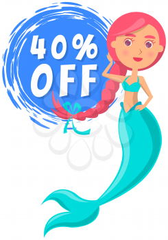 Discount on marine activities and nautical entertainment. Girl mermaid with fish tail and pink hair on white background. Seasonal sale poster, hot price banner. Advertising banner with underwater life