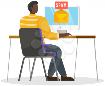 Man sends spam emails. Warning window appear on laptop screen. Concept of virus, piracy, hacking and security. E-mail protection, anti-malware software. Mailing of advertising correspondence