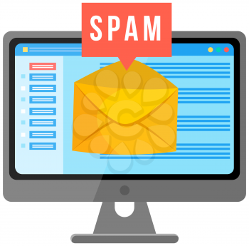 Spam email warning sign. Concept of virus piracy hacking and security. Envelope with spam. Website banner of e-mail protection, anti malware software. Flat vector mailing of advertising correspondence