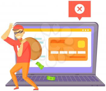 DDoS attack on website. Man hacker stand near big web page being under attack. Masked cybercriminal intruder holding bag of stolen money. Poster for social media, web page, banner, presentation