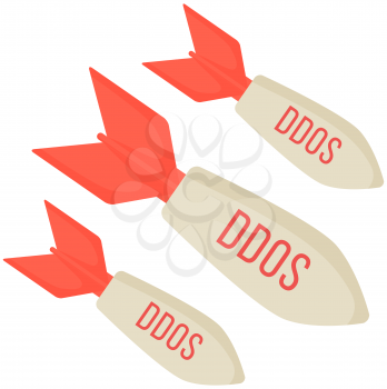Ddos attack, distributed denial of service, hacking isolated vector illustration. Bombs fly down to server. Vulnerability scanning cocnept. Data center and web hosting symbol. Evading firewall or IDS