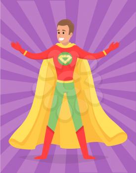 Strong super man smiles and flies to save world stretched out his hand. Brave character in superhero costume with cloak on white background. Cartoon person hurries to protects people from villains