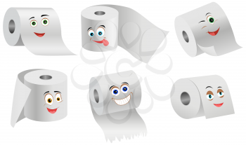 Cartoon smiling funny toilet paper set flat vector. Special paper for wiping. Paper product is used for sanitary and hygienic purposes. Roll of white coiled paper. Bumf isolated on white background