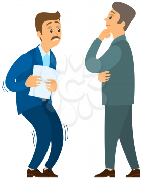 Angry boss shouting to employee. Conflict in office between chief and worker, stressed subordinate. Director scolds scared worker because of mistake, problems at work, time management scandal