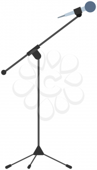 Sound recording equipment, black stage microphone and stand vector illustration. Device for amplifying sound volume on stand. Microphone for singing, speaking and loud voice reproduction on stage