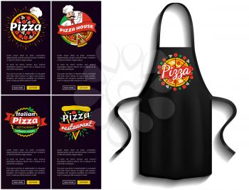 Pizza restaurant menus near pizzeria logo apron. Fastfood snack and bakery cooking. Cooking pizza in restaurant. Apron for cooking in kitchen and protection of clothes with pizzeria logotype