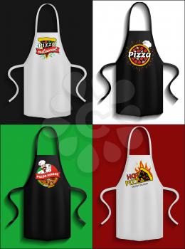 Set of aprons with pizzeria logos. Clothes for work in kitchen, protective element of clothing for cooking. Apron for cooking in kitchen and protection of clothes. Preparing pizza in restaurant