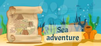 Exciting sea adventures and tourism poster. Marine cruise and sea travelling advertising placard with attributes of water travel old map with scheme of pirate treasure on sand at depth under water