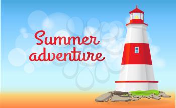 Big red and white lighthouse standing on stones isolated. Large construction of water coast nautical equipment standing on shore. Large lantern illuminates way for ships at night. Sea adventure