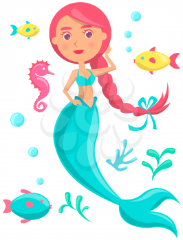 Underwater life of mermaid, blue fish, sea horse, coral and seaweed in ocean. Marine fairytale characters on white background. Girl with mermaid tail and long pink hair, cartoon water nymph,