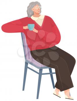 Adult woman sitting on couch at home drinking coffee resting after work, thinking about something. Female character stay in apartment sitting on sofa, drinking tea, enjoying free time, dreaming