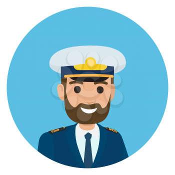 Cartoon bearded captain in uniform smiles broadly on portrait in blue circle isolated vector illustration avatar userpic web button
