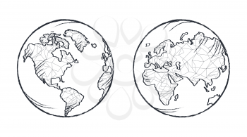 Earth planet black and white model drawn from two sides. Continents on vector illustration filled with thin polygons. Icon isolated on white