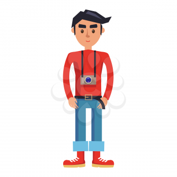 Young man with camera cartoon character. Brunette male in red jumper, rolled up jeans and boots with photo camera on neck isolated flat vector. Smiling hipster tourist standing straight illustration