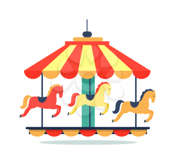 Bright carousel icon isolated on white background. Vector illustration with rotating colorful bright childish merry-go-round with horses and saddles