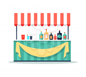 Colorful beverage booth icon isolated on white background. Vector illustration with bar counter and big amount of bottles and drinks with paper labels